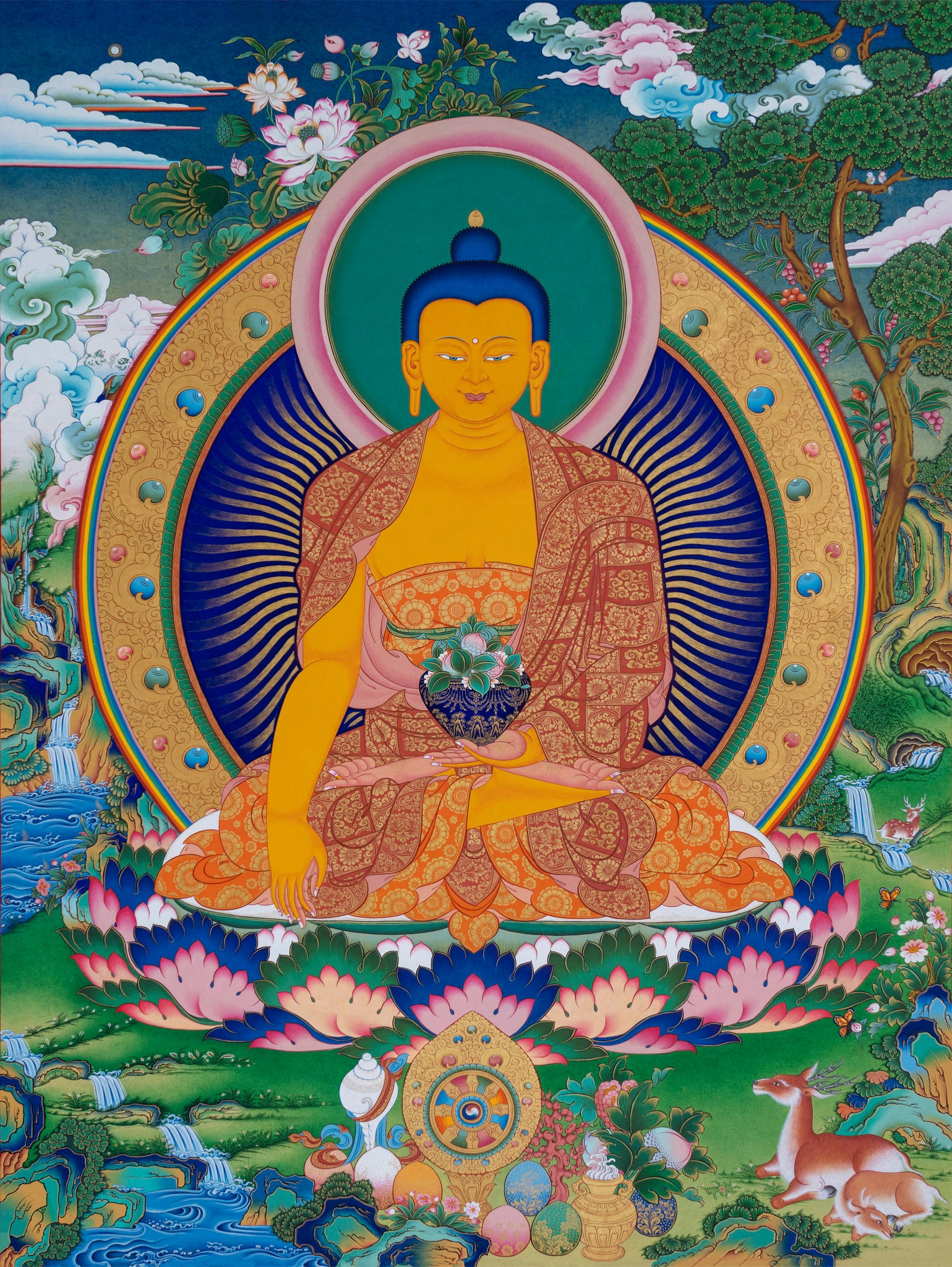 Thangka 포스터의 천상의 풍경을 가진 부처님