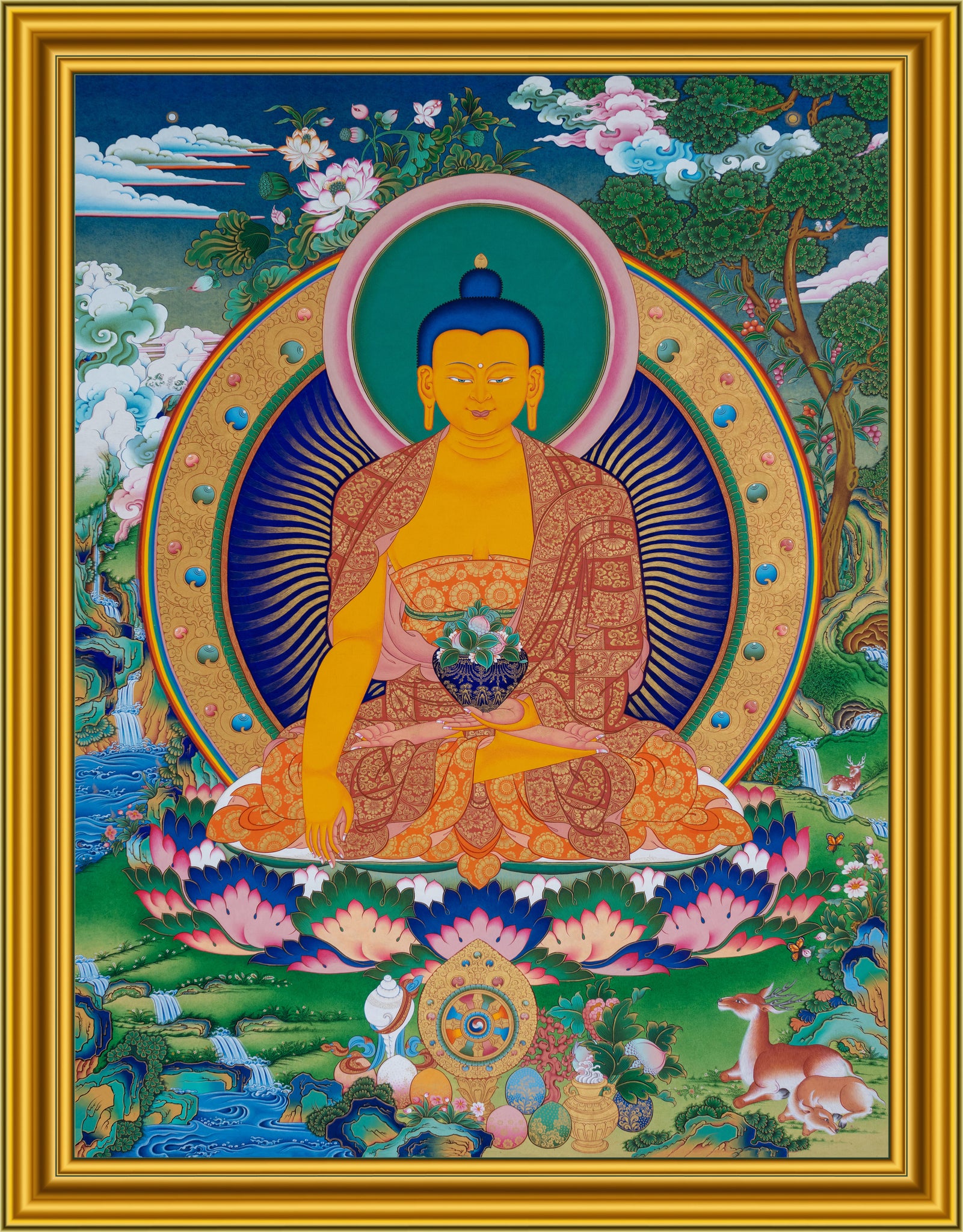 2-3 фута Будды с небесным пейзажем в деревянной раме